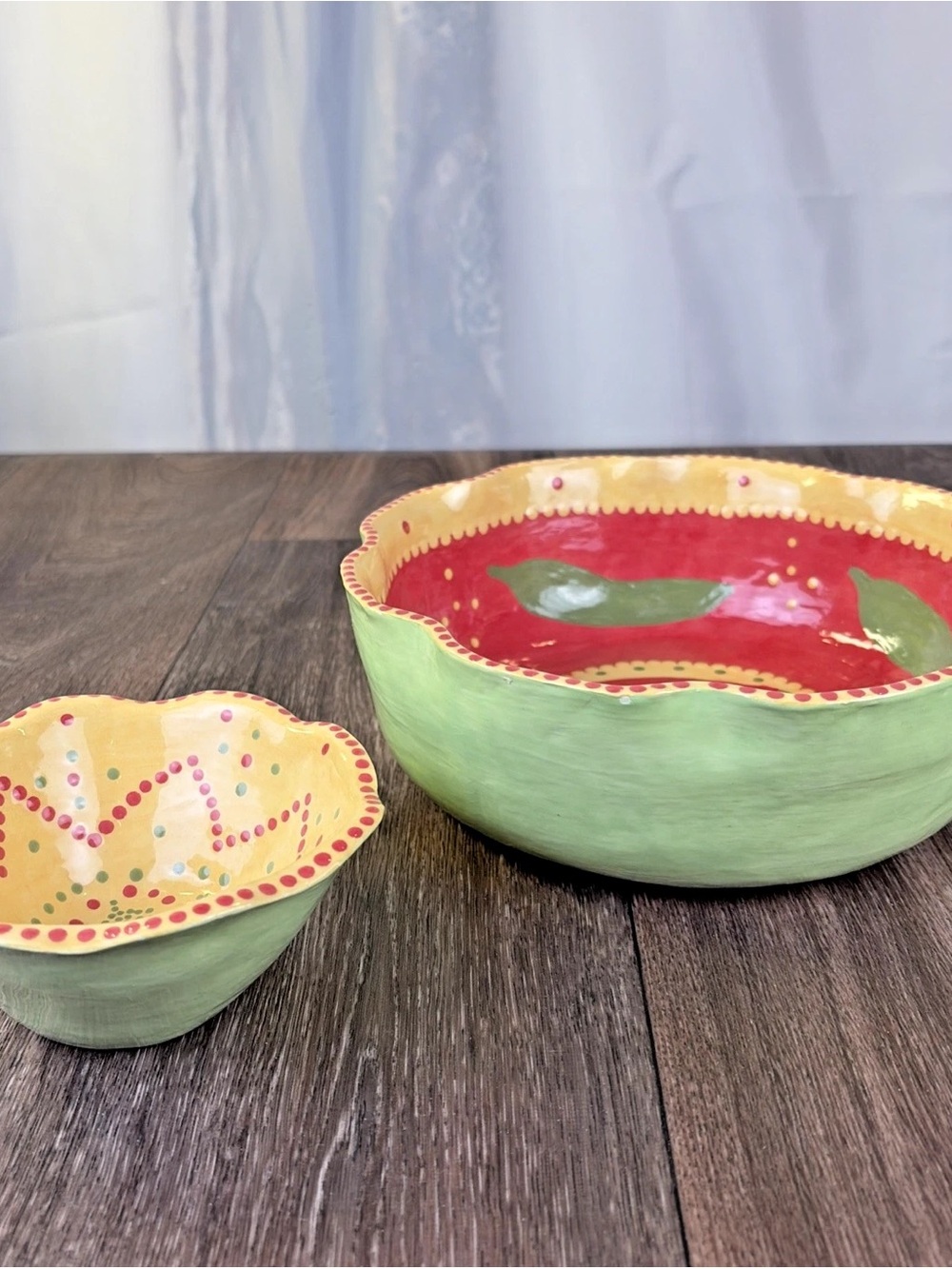 Set of 2 Handmade Painted Mexican Pottery Chili Pepper Salsa Chip Bowls Folk Art